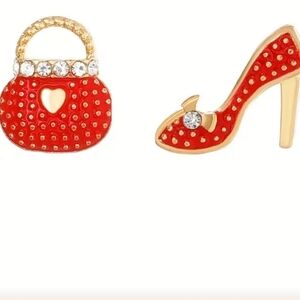 14K Plated Red High Heels And Purse Shiny Alloy Rhinestone Earrings.